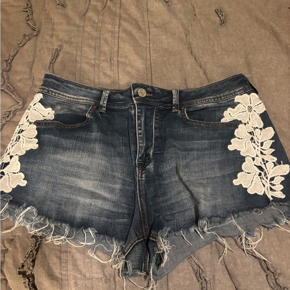 Indigo Rein Blue and White Jean Shorts with Lace Details